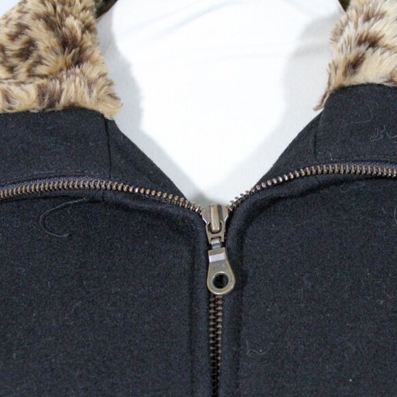 Vintage 1990s Herman Kay Black Wool Coat Leopard Faux Fur Trim Hood Grunge 90s - Picture 4 of 10